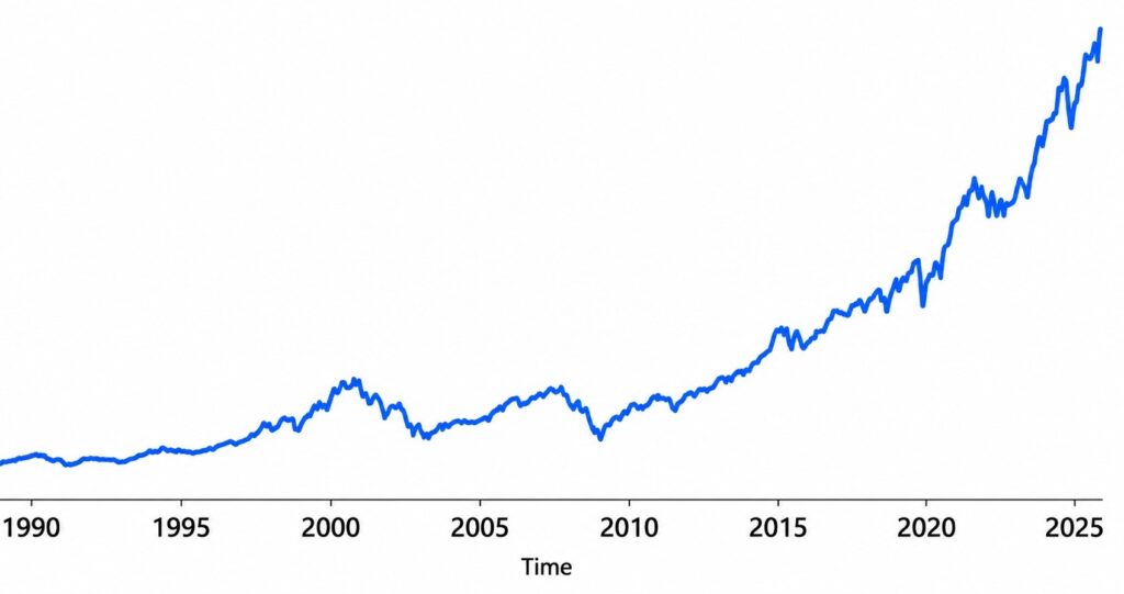 Grafen viser aktiemarkedets udvikling siden 1990.