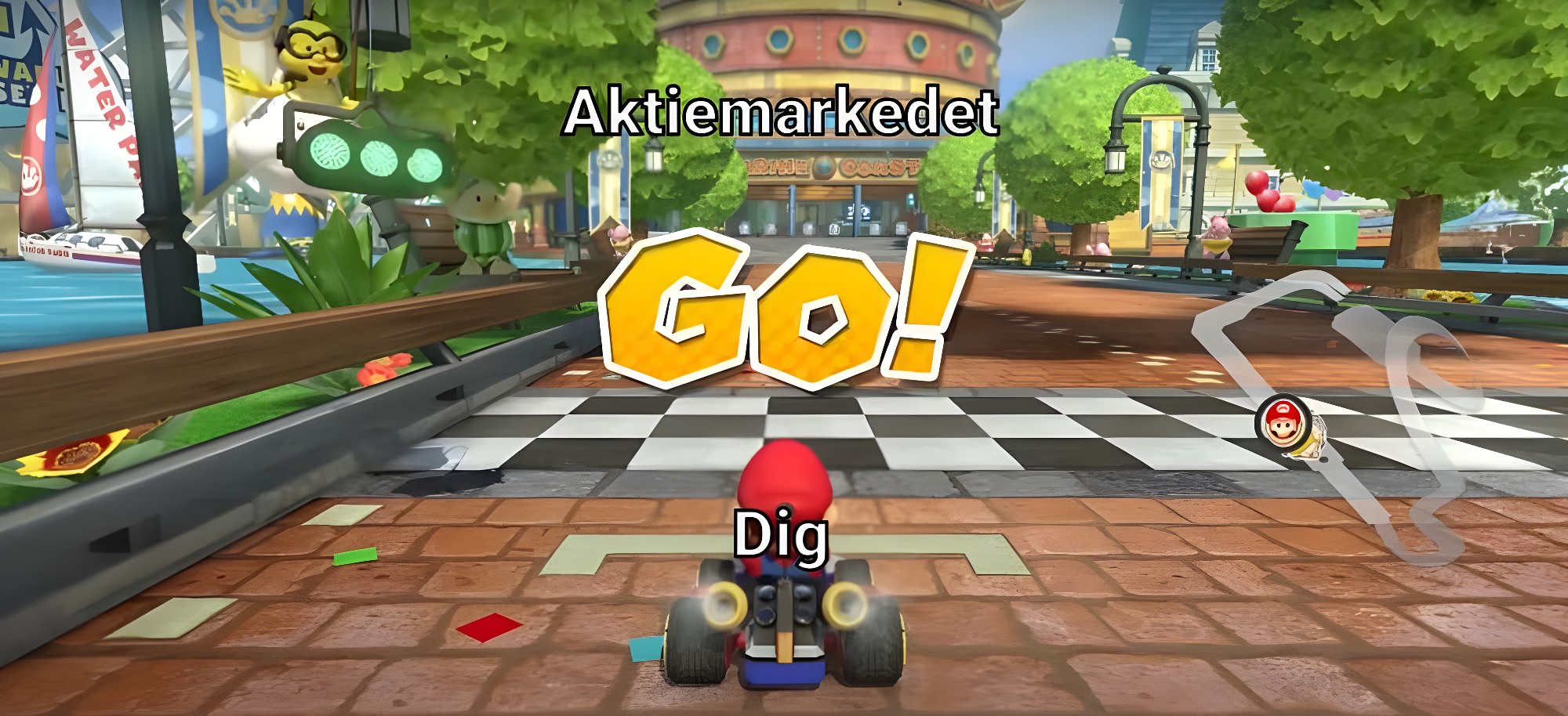 Aktiemarkedet Mario Kart-baggrund.
